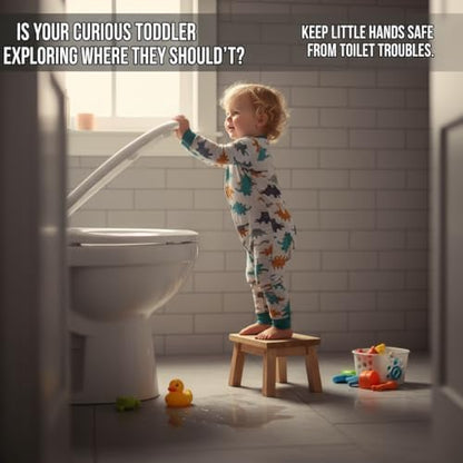 Firstblow premium childproofing latch mounted securely on a standard round toilet bowl lid.
