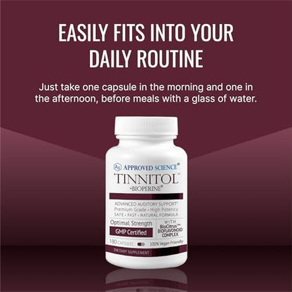 USA manufactured Approved Science Tinnitol advanced cellular hearing support capsules container.