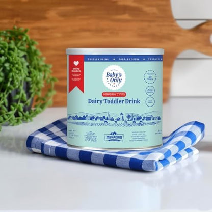 Baby's Only Organic Toddler Nutritional Drink angled view displaying secure lid seal and included measuring scoop.