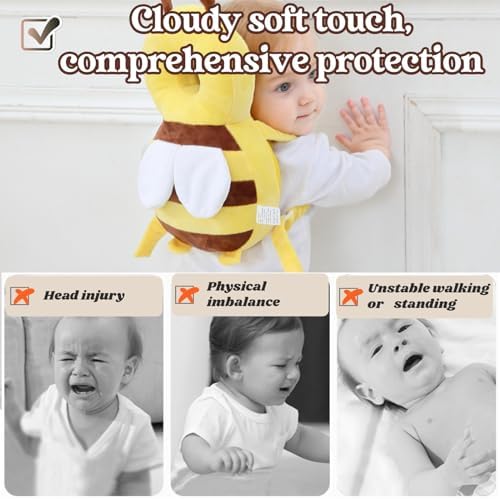 Toddler wearing yellow bee safety head protector backpack