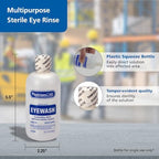 Sterile isotonic buffered solution nozzle detail for precise eye flushing.