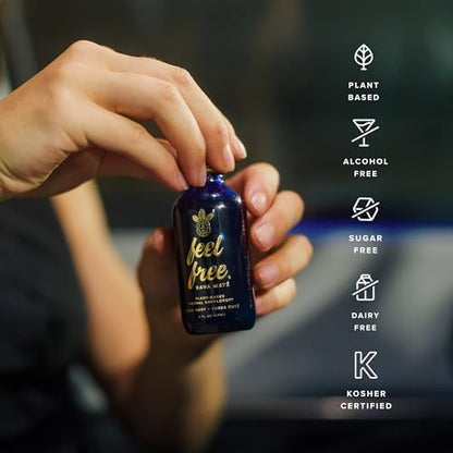 Botanic Tonics Feel Free Kava Mate compact 2 Fluid Ounce bottle being held to demonstrate portable travel size