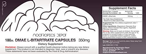 Nootropics Depot DMAE L-Bitartrate 180 capsules supplement facts panel showing purity tested ingredients