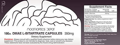 Nootropics Depot DMAE L-Bitartrate 180 capsules supplement facts panel showing purity tested ingredients
