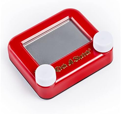 The compact five inch by five inch mechanical pocket travel toy being held to show its portable size for kids.