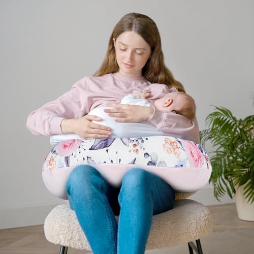 Reversible floral and solid pink nursing pillow cover