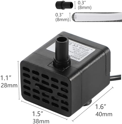 Alizzy mini water pump package contents including the submersible motor and water tubing.