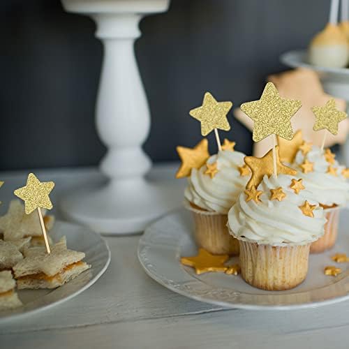 Top view of gold glitter star picks showing different sizes