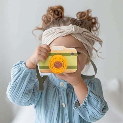 Side angle view of the smooth finish miniature camera toy designed for kids aged three years old.
