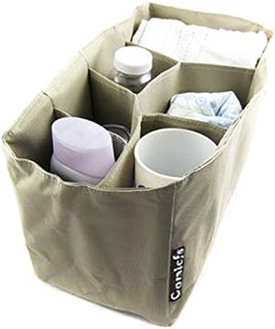 Side profile of khaki baby bag insert showing structural partitions