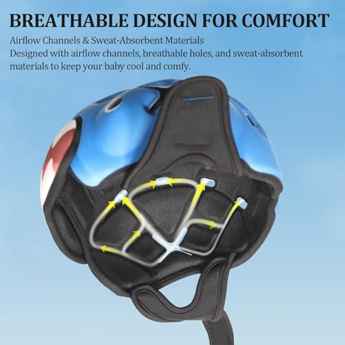 Baby wearing Mambobaby Guard shark helmet while crawling