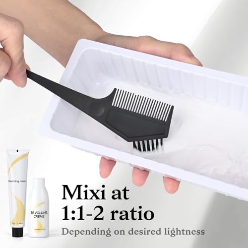 All in one DIY bleaching kit components featuring a blue powder pack, developer cream, tint bowl, and brush