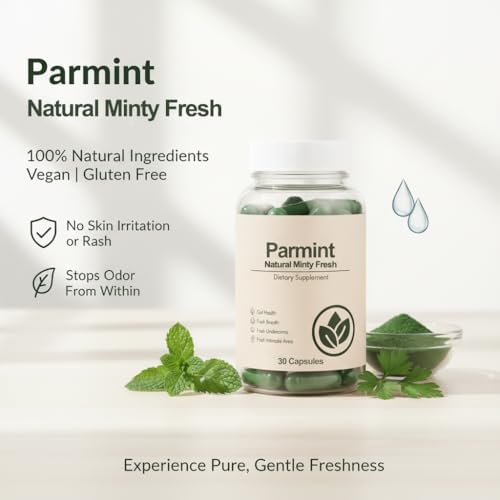 Parmint internal deodorizer supplement capsule packaging showcasing organic mint and parsley ingredients.