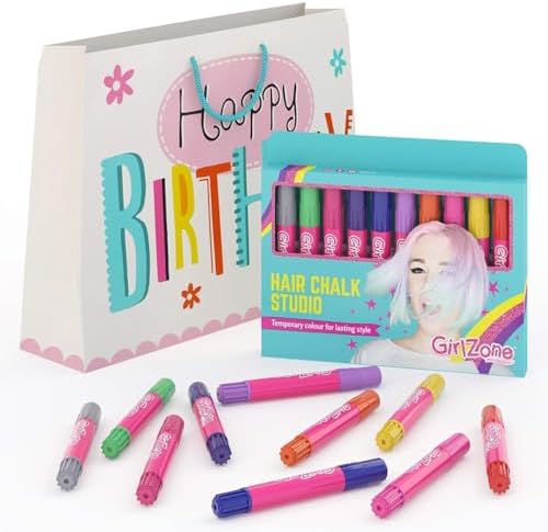 Authentic GirlZone 10 pack hair coloring pen kit sitting on a stylized vanity table ready for a birthday gifting display.