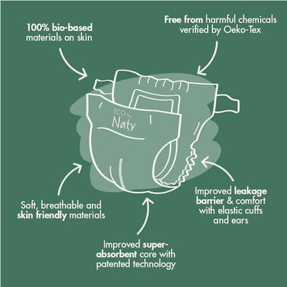 Naty eco friendly disposable diapers packaging highlighting sensitive skin certification