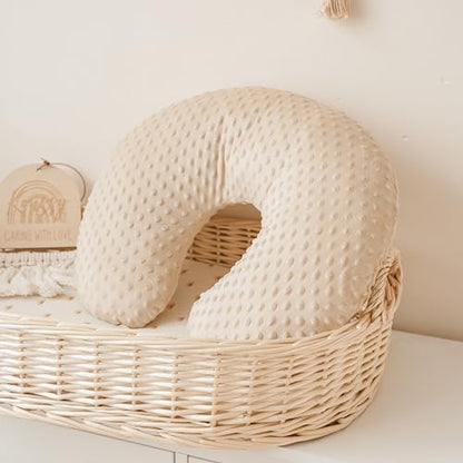 Konssy machine washable nursing pillow cover being easily slipped onto a standard size infant feeding pillow.