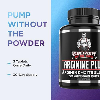 Dr. Emil Arginine Plus bottle next to a glass of water.