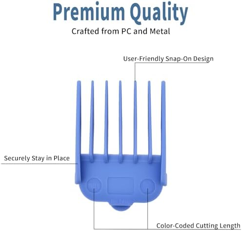 Ten colorful universal trimmer attachment combs displaying the full range from 1/16 inch to 1 inch.