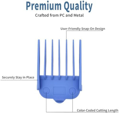 Ten colorful universal trimmer attachment combs displaying the full range from 1/16 inch to 1 inch.
