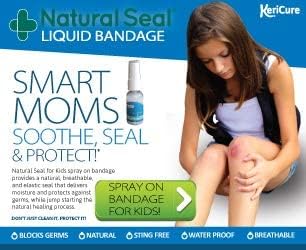 Hypoallergenic water based liquid bandage spray packaging displaying product benefits.