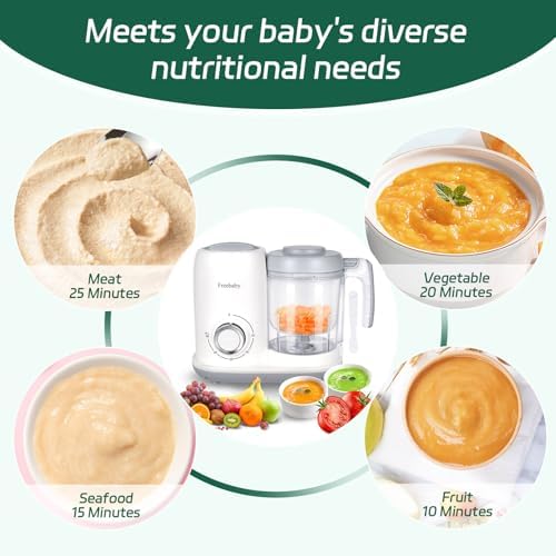 Freebaby one step puree blender processing fresh vegetable purees inside the clear Tritan bowl.