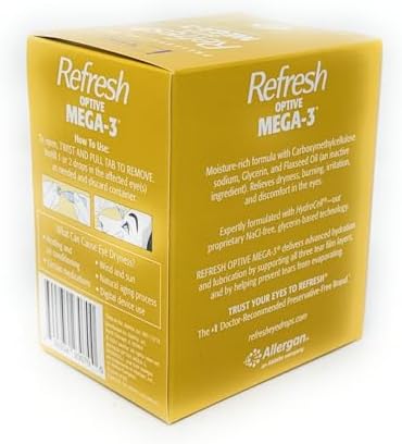 Sterile single-use vials of Refresh Optive Mega-3 lubricating drops