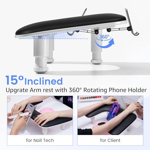 Close up of rotating phone stand on Quaferen manicure hand rest