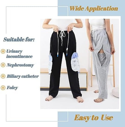 Unisex adaptive medical pants with catheter bag storage