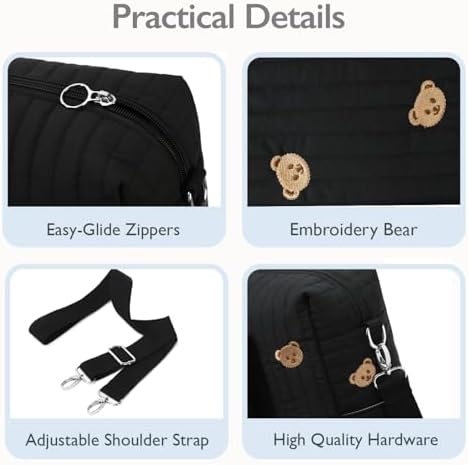 LORADI black diaper bag close up of quilted fabric