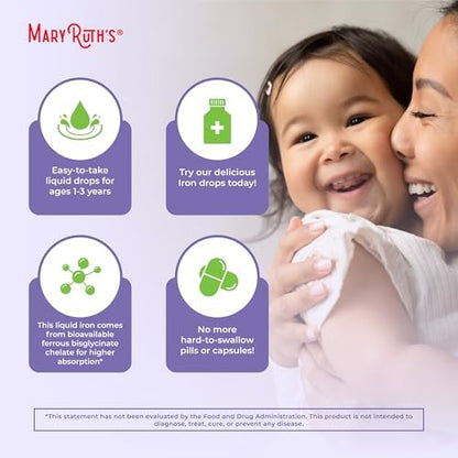 MaryRuth Organics child wellness liquid iron drops showcasing clean formulation details for ages one to three