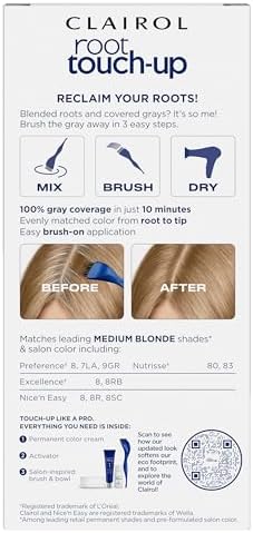 Back of packaging for Clairol medium blonde root touch up detailing shade matching guide