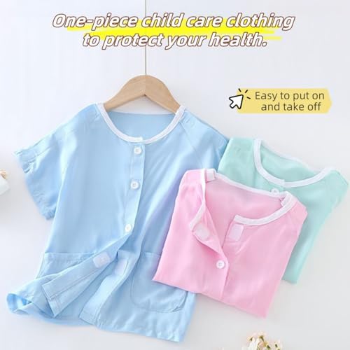 Pink kids patient clothing with magic sticker closures on shoulders for easy access.