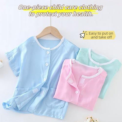 Pink kids patient clothing with magic sticker closures on shoulders for easy access.