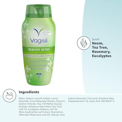 Vagisil Healthy Detox packaging highlighting hypoallergenic and paraben free features.