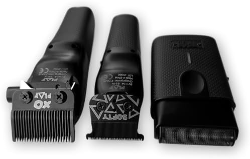 Full layout of the TPOB Play Blackout 3 Set including the clipper, trimmer, shaver, and six black guide combs.
