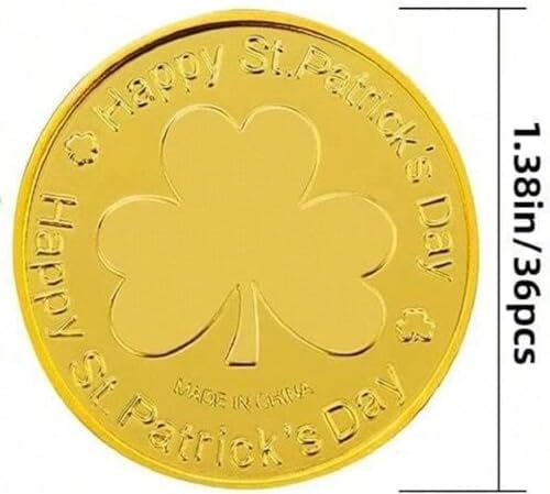 Twenty pieces of shiny gold plastic shamrock tokens spread across a party table setting