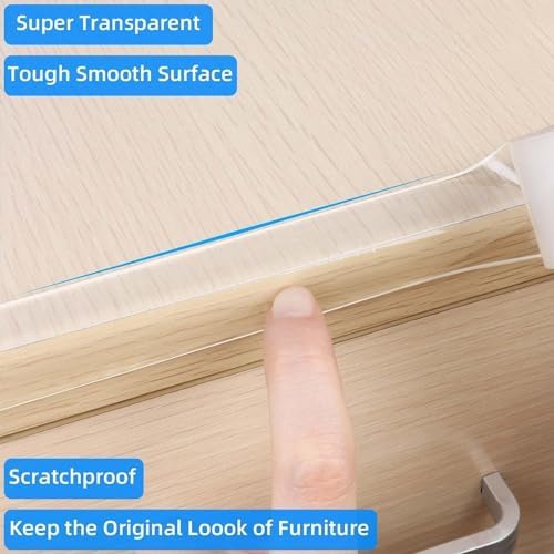 Demonstration of transparent furniture edge guard on cabinet