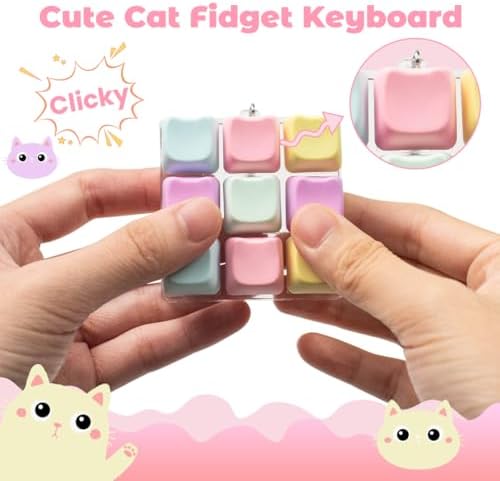 Adult hand pressing down on the transparent casing of the yellow clicky mechanical switch fidget toy