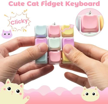 Adult hand pressing down on the transparent casing of the yellow clicky mechanical switch fidget toy