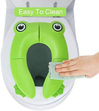 PandaEar green froggy travel potty trainer seat placed on a standard western commode