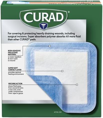 Curad clinical advances sterile dressings pack showing product dimensions and polymer core details.