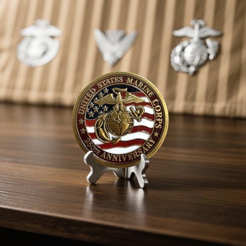Close up view of the durable double sided two inch Marine Corps birthday anniversary coin