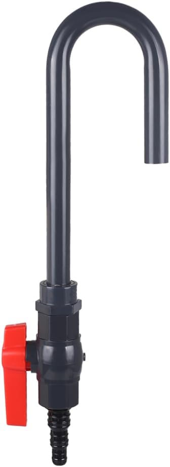 MiOYOOW aquarium water changer front view showing the grey PVC J-pipe hook and red flow control valve.
