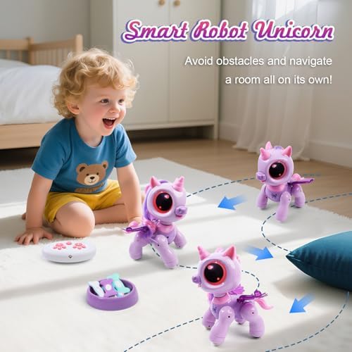Child playing with Biranco gesture sensing robot unicorn