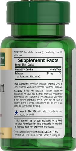 Nature's Bounty Potassium supplement label showing dosage and benefits