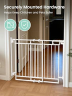 Full product kit layout of the imported child safety gate including mounting hardware and extension panels.