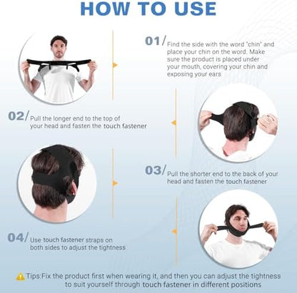 Secure wrap around anti-snore chin strap for all sleeping positions.