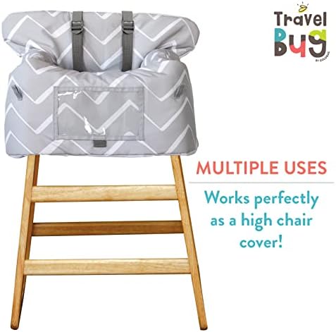 Travel Bug infant cart cover showing integrated safety harness and phone pocket