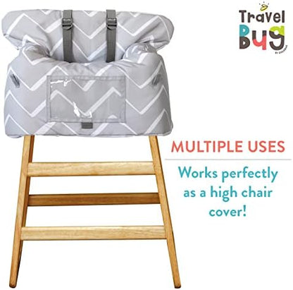 Travel Bug infant cart cover showing integrated safety harness and phone pocket