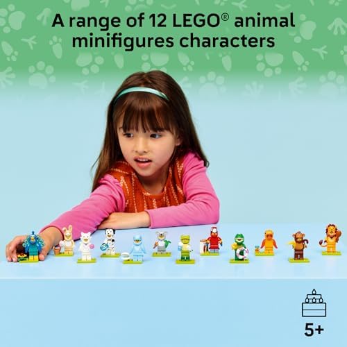 Assorted animal costume minifigures from Series 28 displayed with their individual accessories.